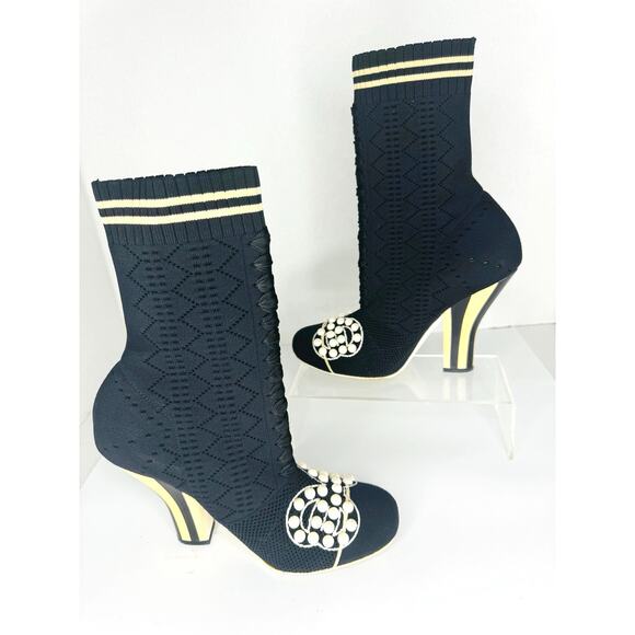 Fendi Rockoko Pearl Embellished Black Stretch Sock Boots 105mm Heels Size 37 - Picture 5 of 13
